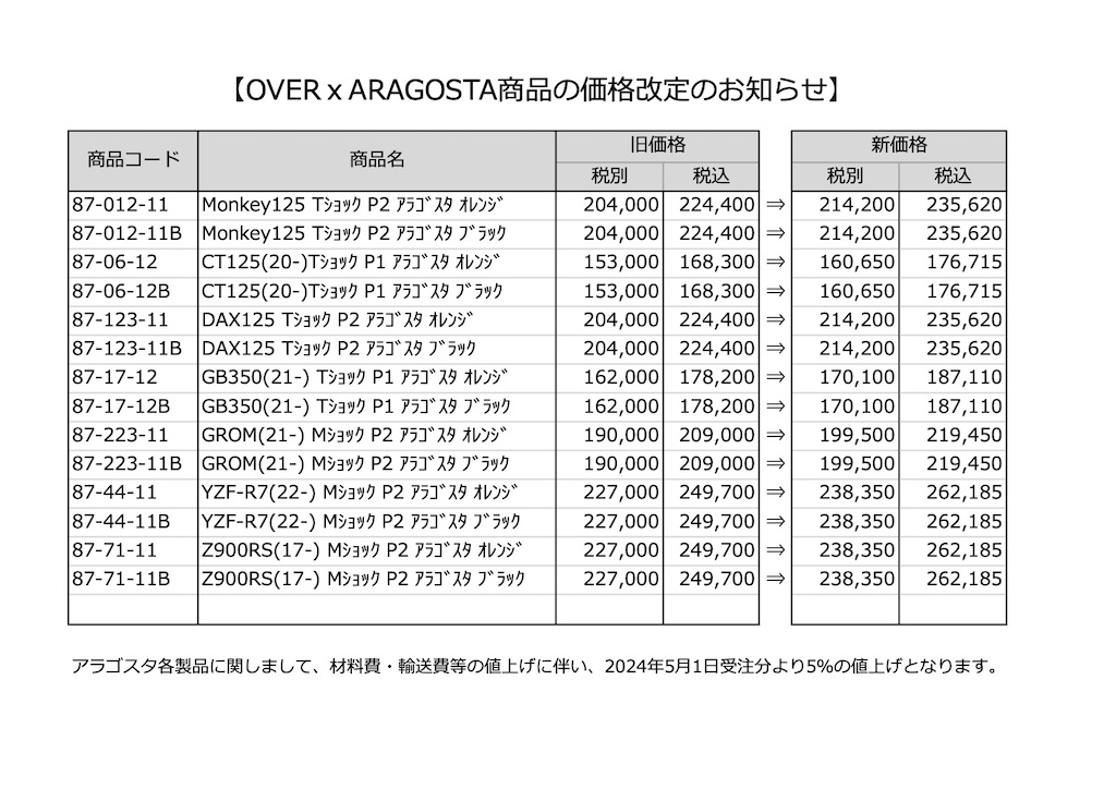 OVER x ARAGOSTA 価格改定のお知らせ